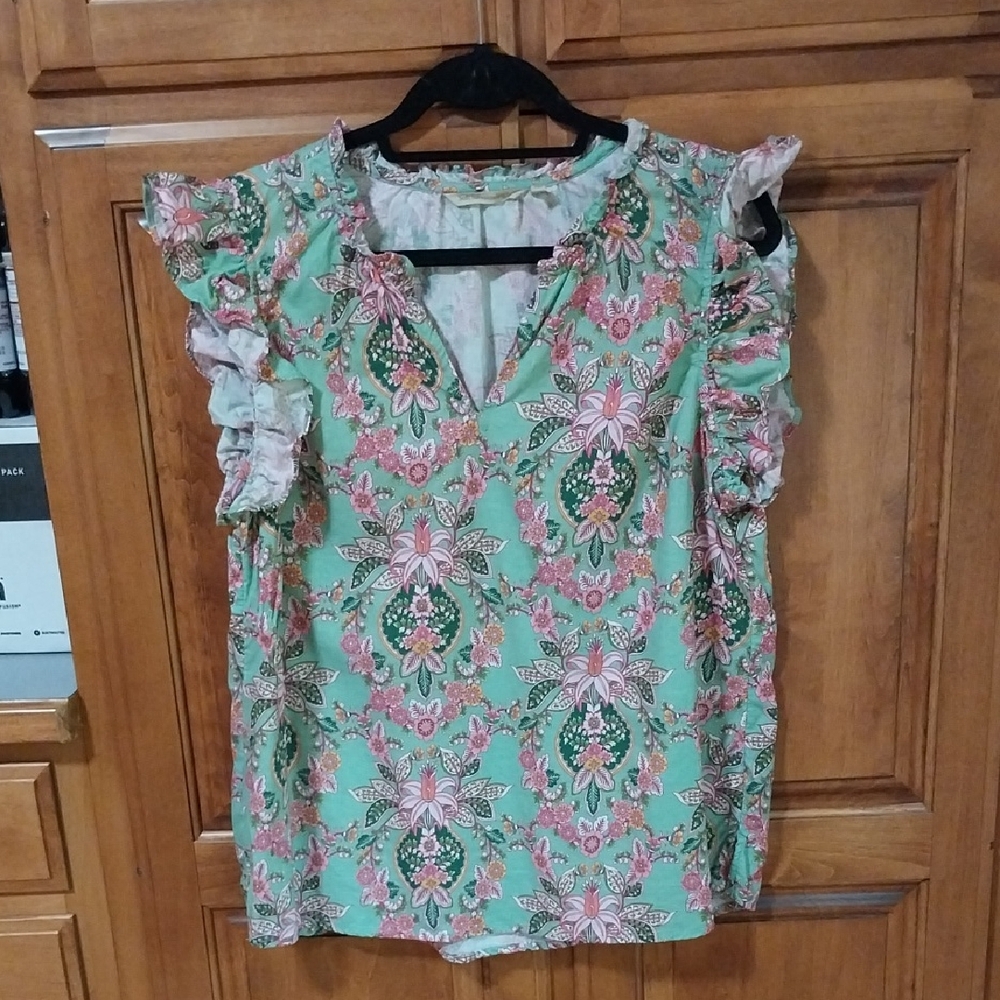Soft Surroundings Ruffled Embellished Blouse in Pink and Green LIKE NEW!